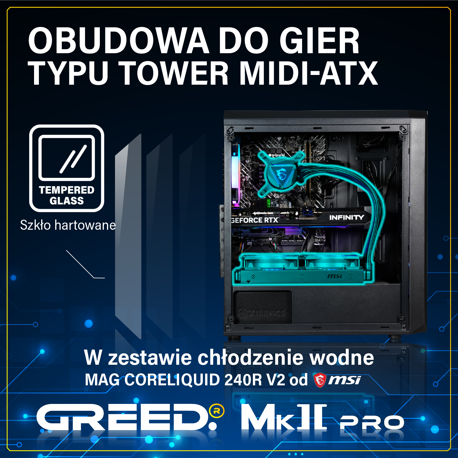 Obudowa PC z podświetlanym chłodzeniem wodnym i wentylatorami RGB.