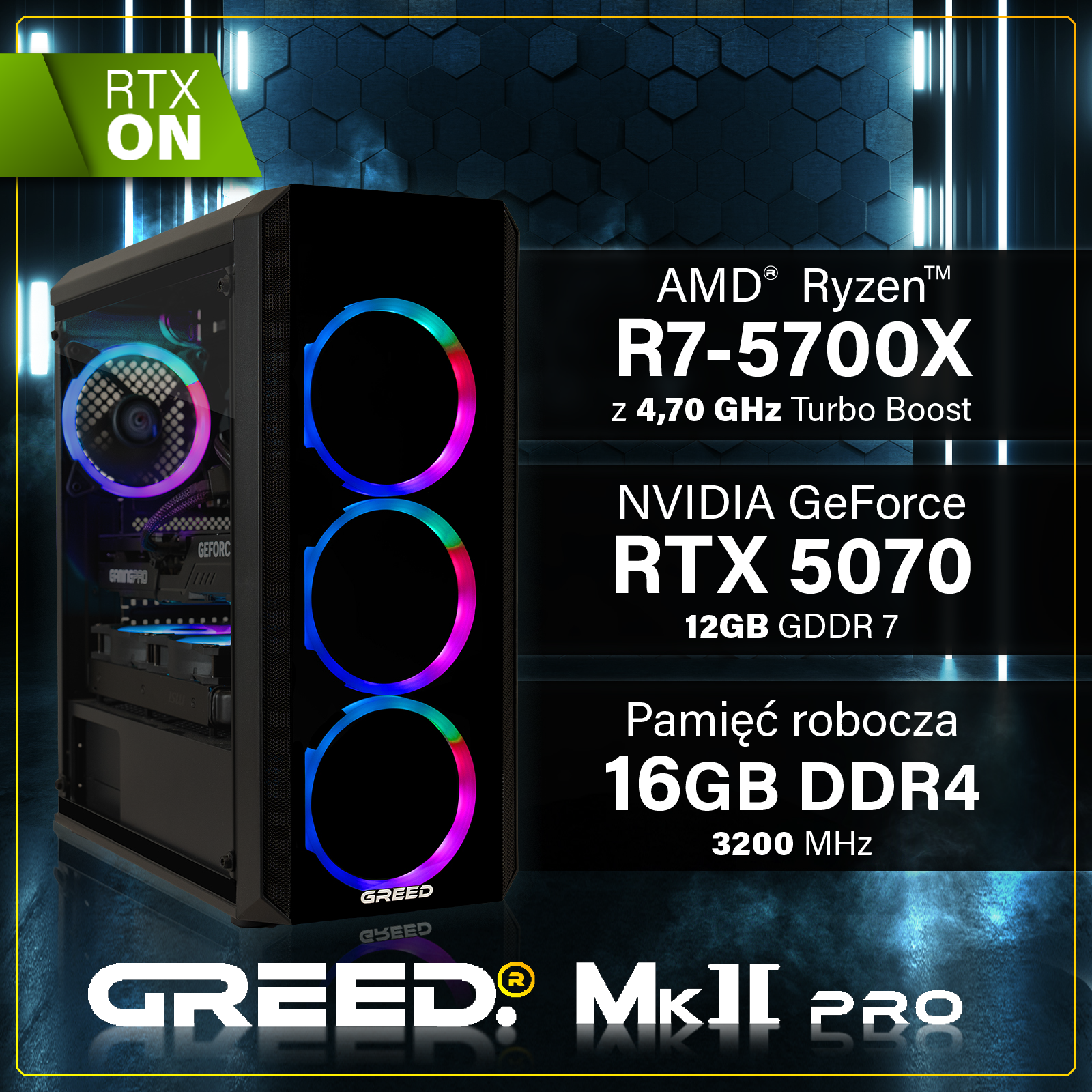 Obudowa PC z wentylatorami RGB, pokazująca specyfikacje: AMD Ryzen R7-5700X, RTX 5070, 16GB DDR4.