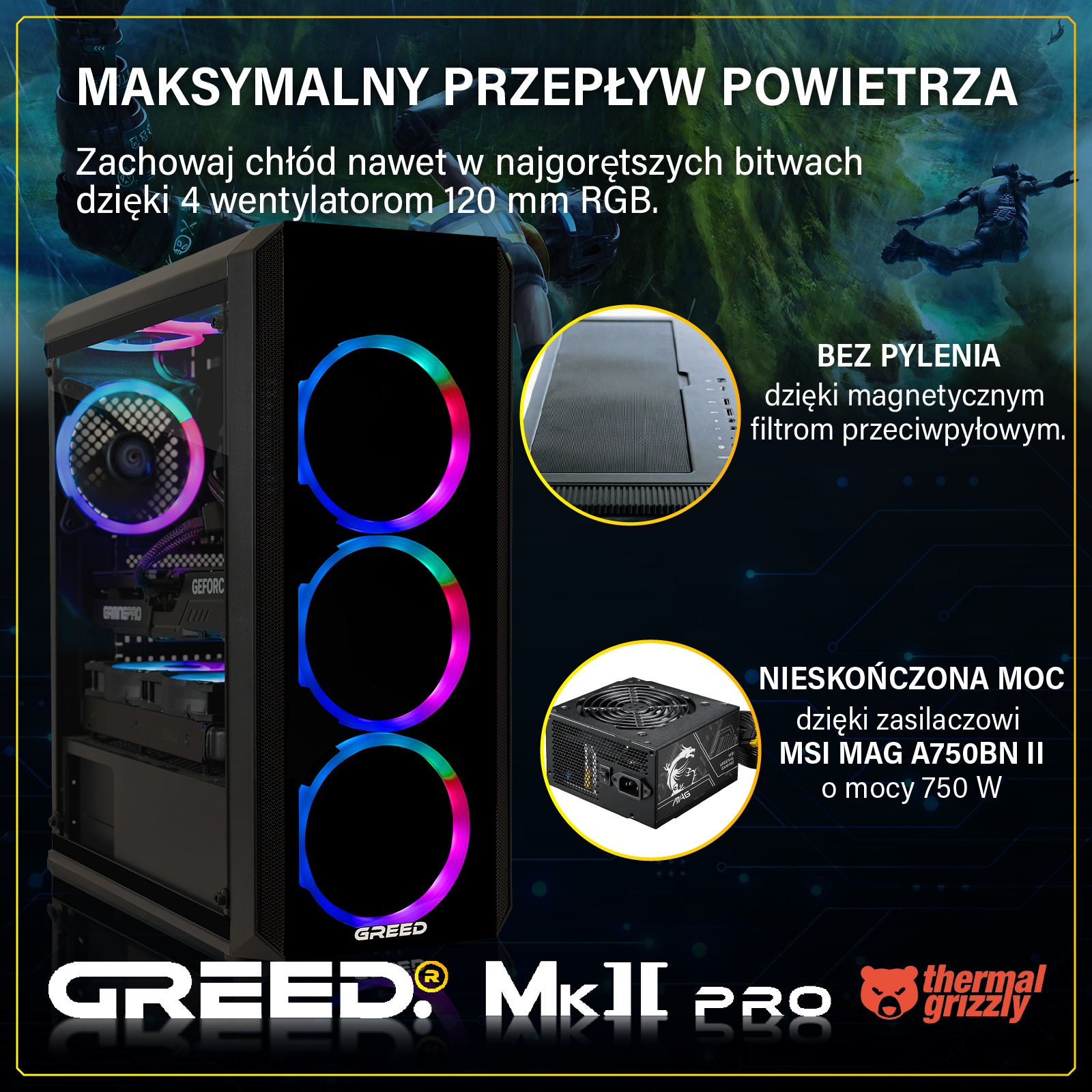 Obudowa komputera z wentylatorami RGB, zasilaczem i filtrem przeciwkurzowym.