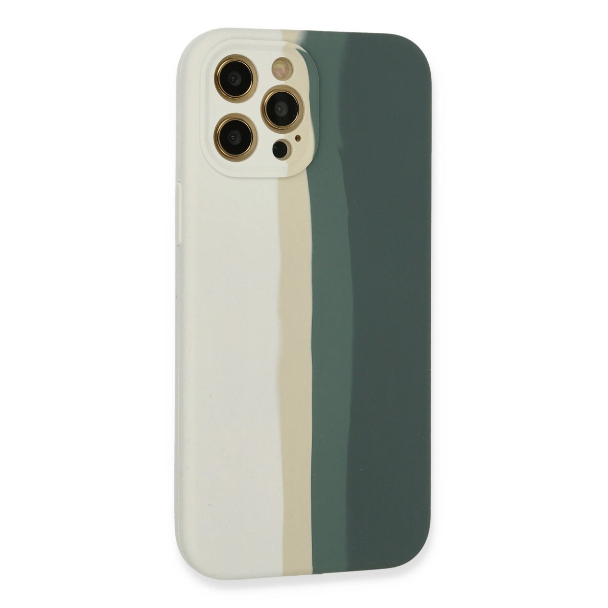 Beyaz, bej ve koyu yeşil dikey çizgili iPhone kılıfı. Üstte kamera modülü bulunur.