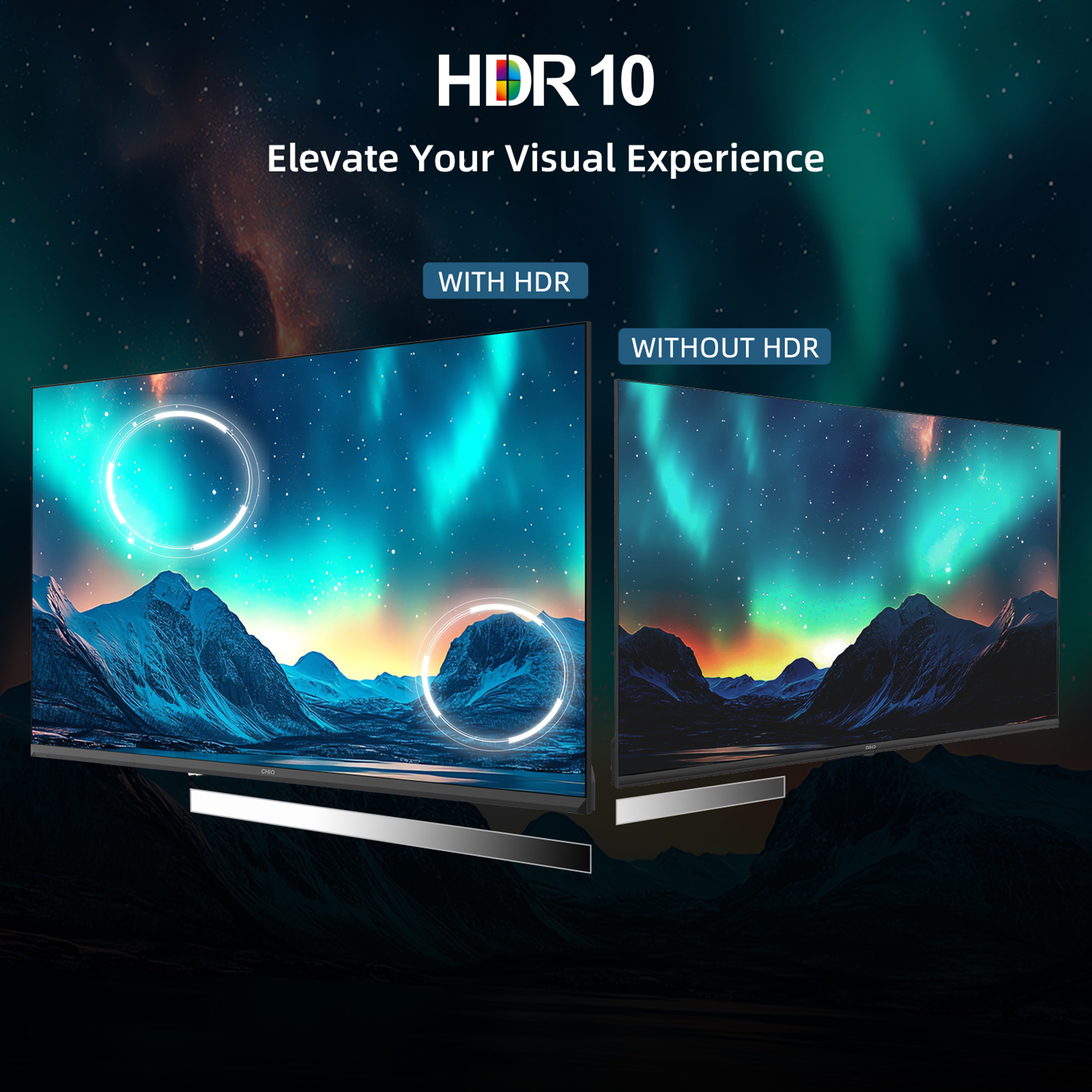 Dwa telewizory pokazują zorzę polarną nad górami. Jeden z HDR jest żywy, drugi wyblakły.