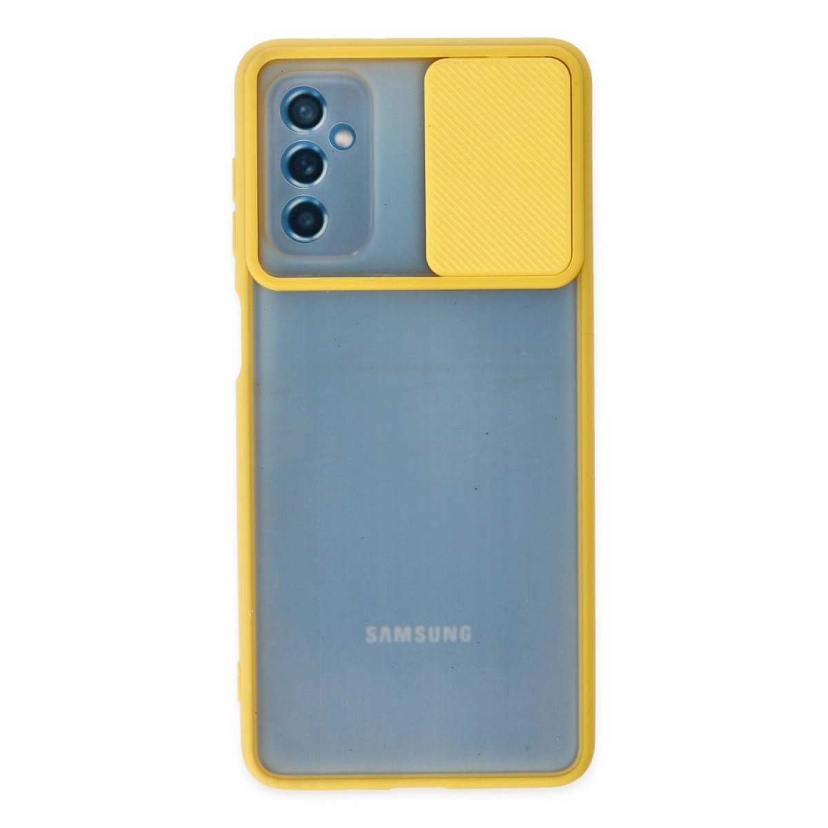 Kamera için kaydırılabilir kapaklı sarı Samsung telefon kılıfı.