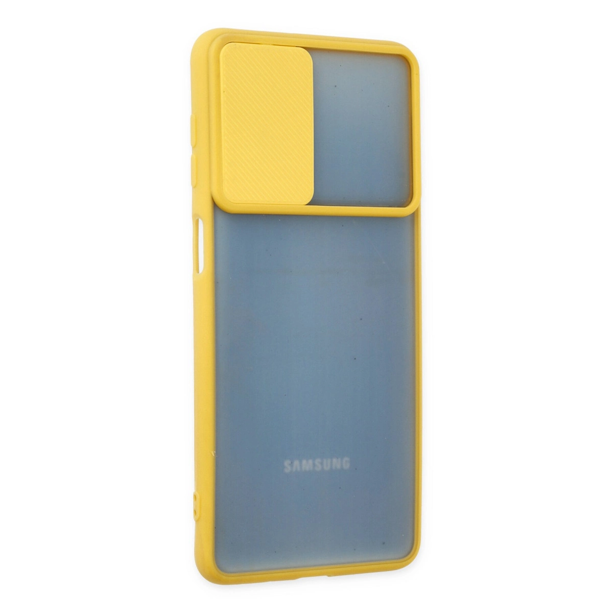 Kayar kapaklı sarı telefon kılıfı. Arkada Samsung logosu.