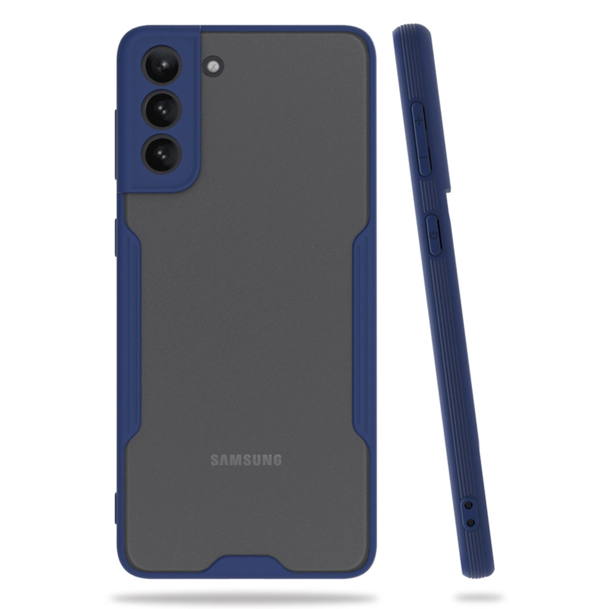 Samsung logosunu gösteren, şeffaf arkalı koyu mavi telefon kılıfı.