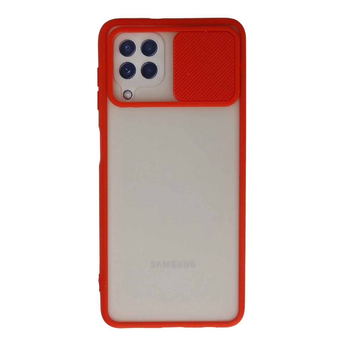 Kamera için kayar kapaklı kırmızı kılıf, şeffaf arka yüz, Samsung logosu.