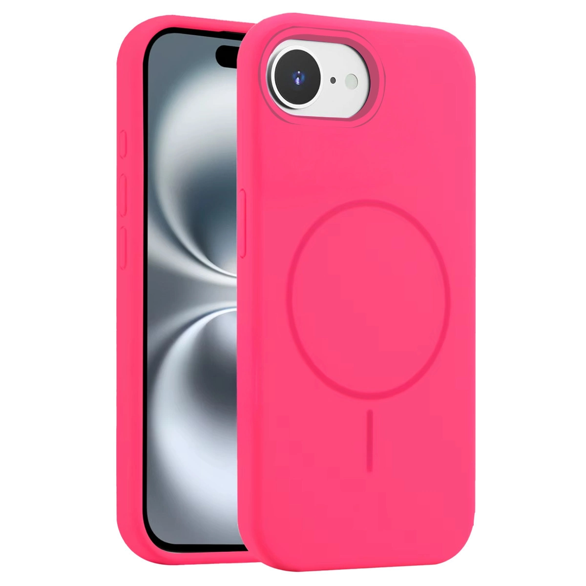 Dairesel manyetik halkalı parlak pembe bir iPhone kılıfı gösteriliyor.