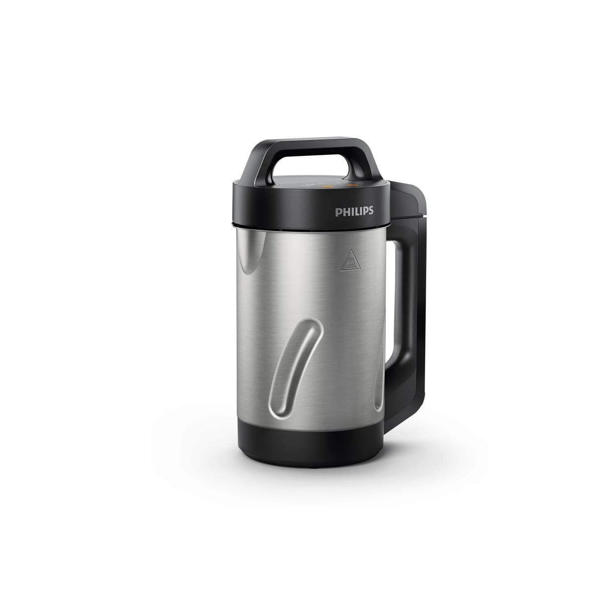 Una macchina per zuppe Philips argentata con manico e coperchio neri.