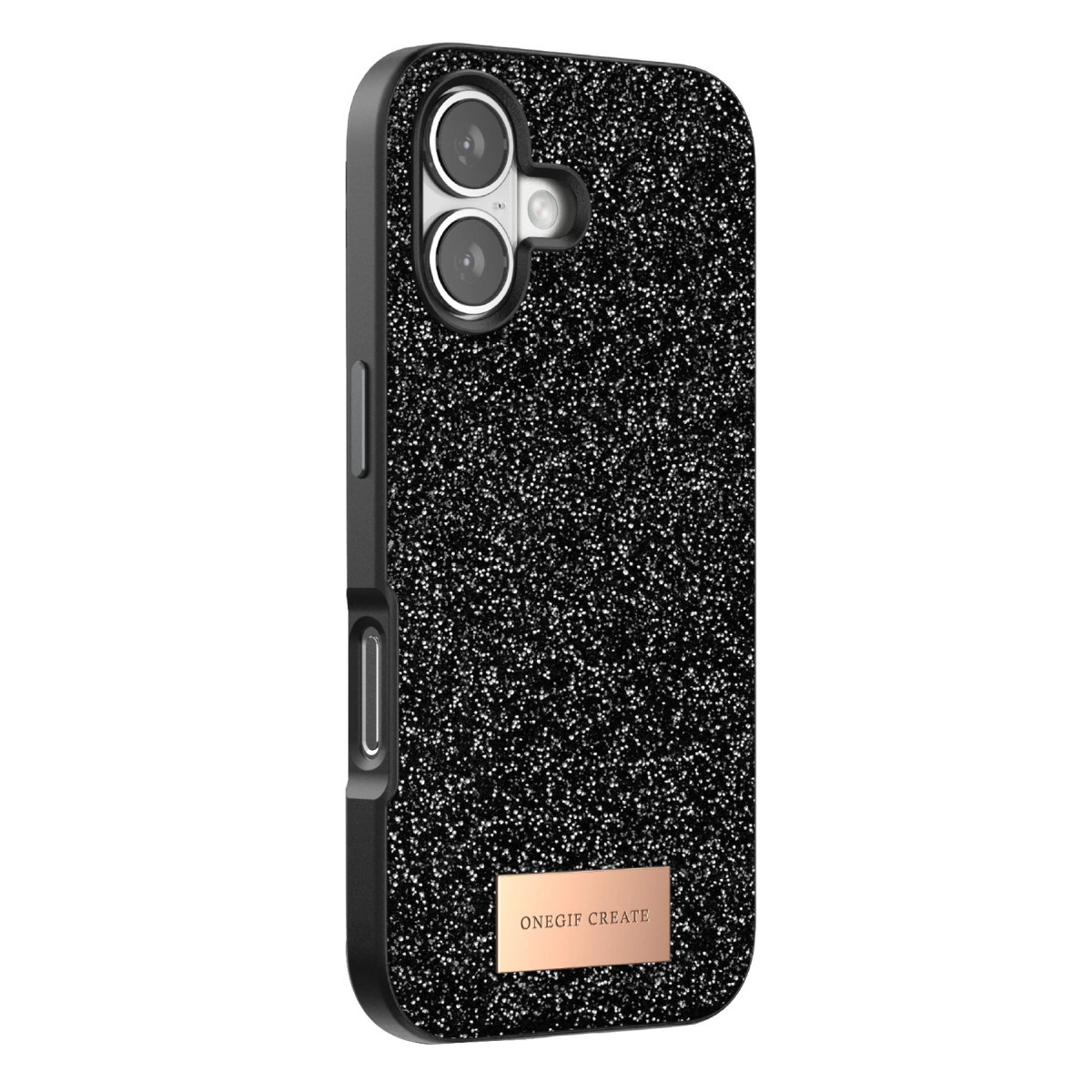 İki kamera lensli siyah simli telefon kılıfı. Altta rose gold logo.