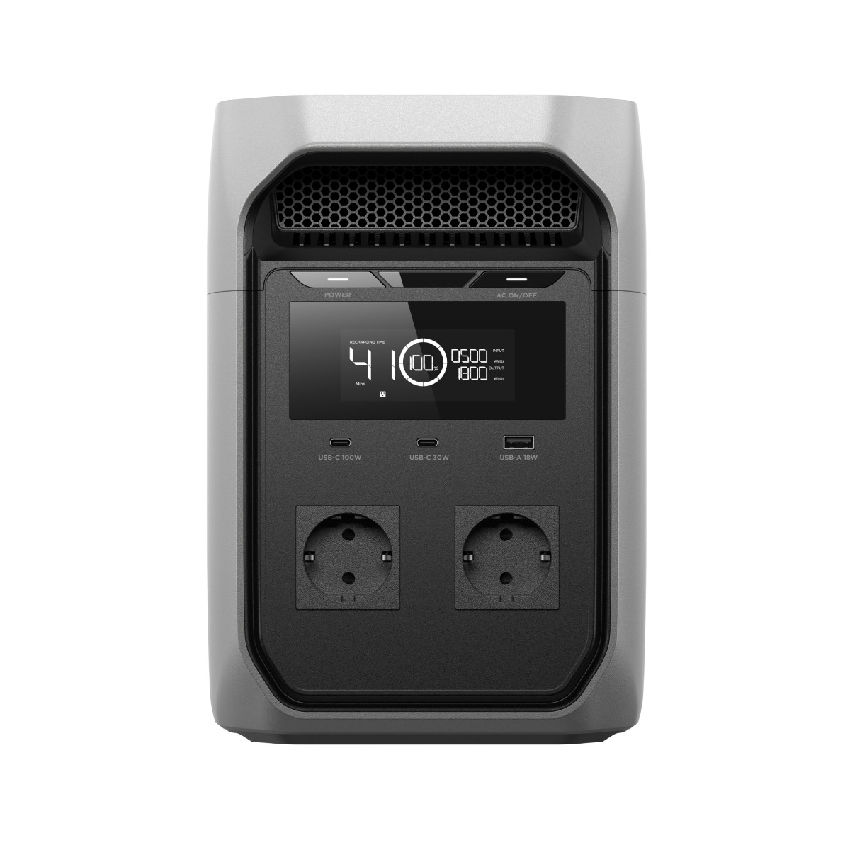 Grijs aggregaat met scherm, twee stopcontacten en USB-poorten.