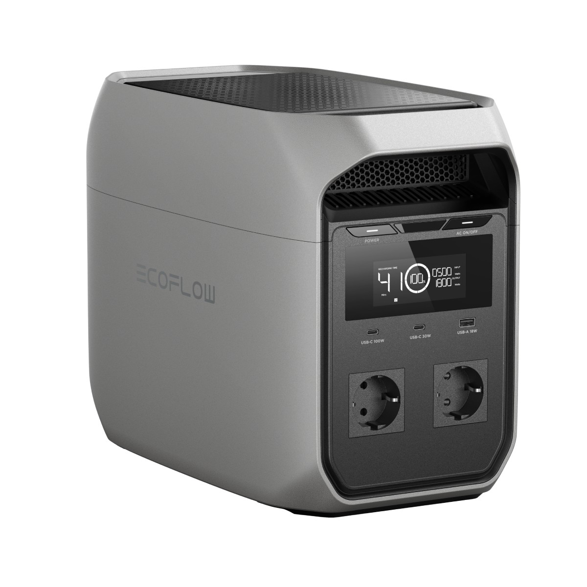 Grijze Ecoflow generator met digitaal display, poorten en stopcontacten.