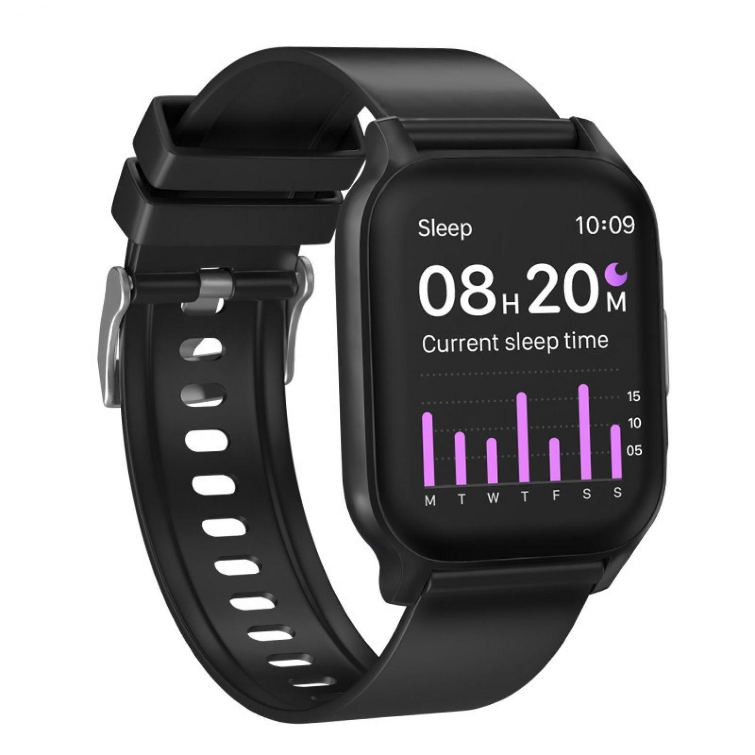 Schwarze Smartwatch zeigt Schlafdaten: 8h 20m aktuelle Schlafzeit.