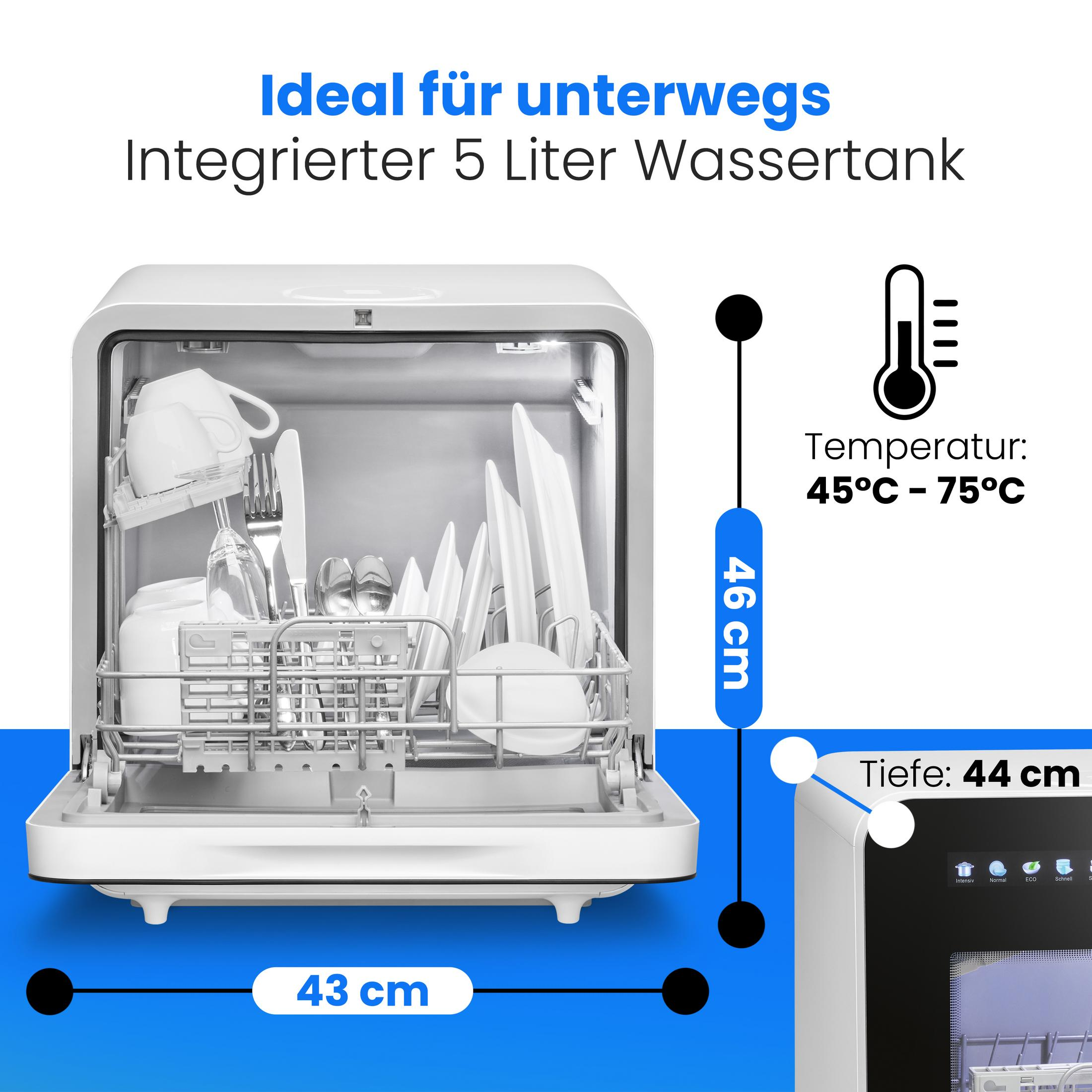 Kompakte Spülmaschine mit 5L Wassertank, 43x46x44cm, 45-75°C.