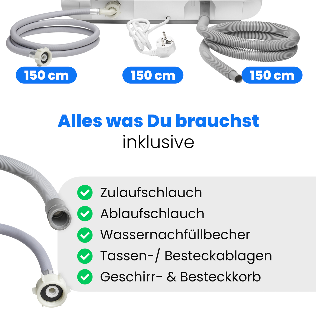 Zulauf-, Ablaufschlauch, Kabel, Korb und Becher für Geschirrspüler.