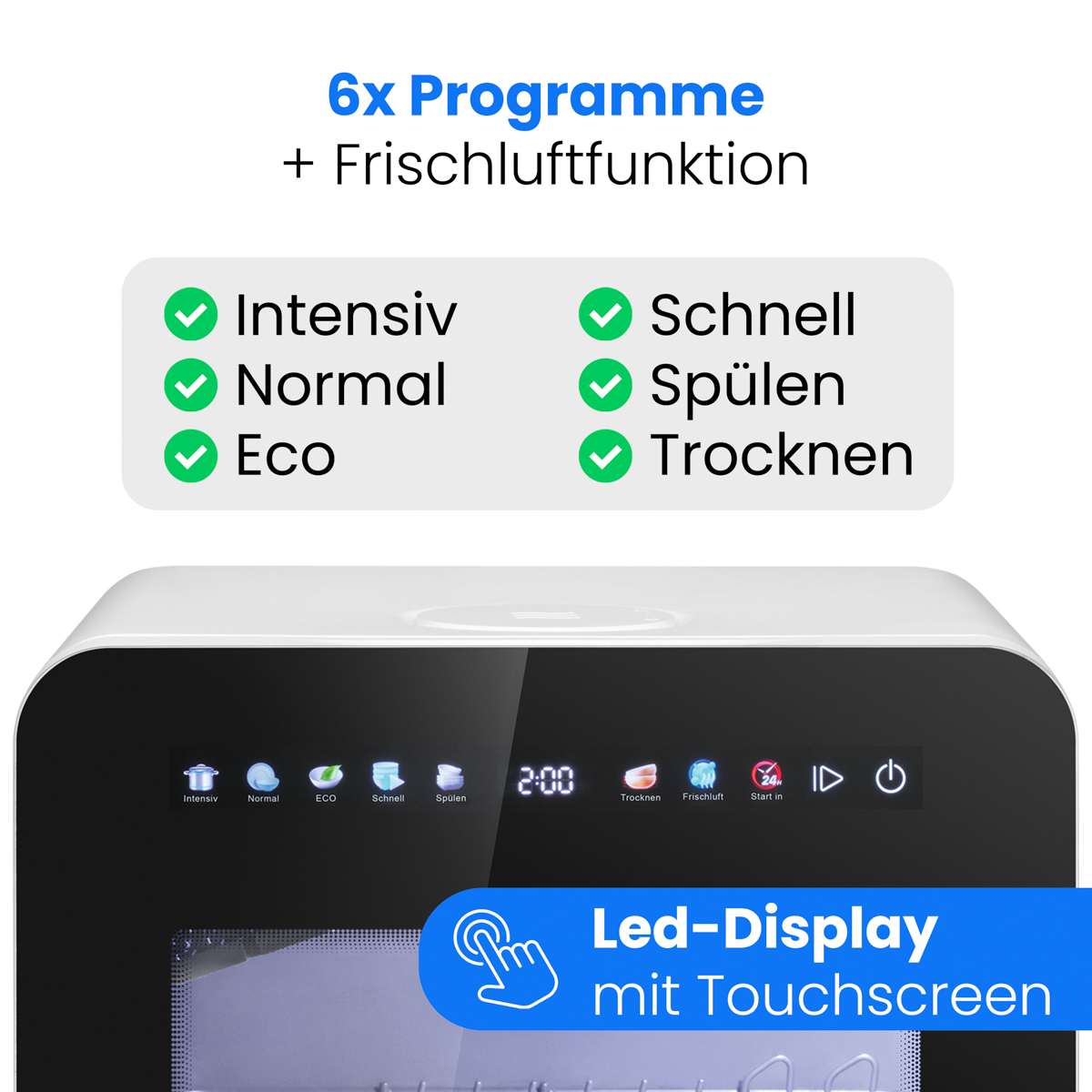 Ein weißes Gerät mit einem dunklen Touchscreen-Display, das Programme anzeigt.