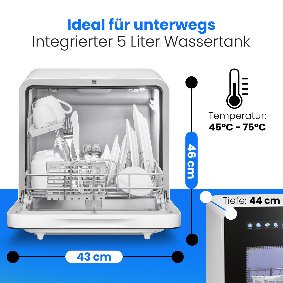Kompakte Spülmaschine mit 5L Tank, 46cm hoch, 43cm breit, 44cm tief.