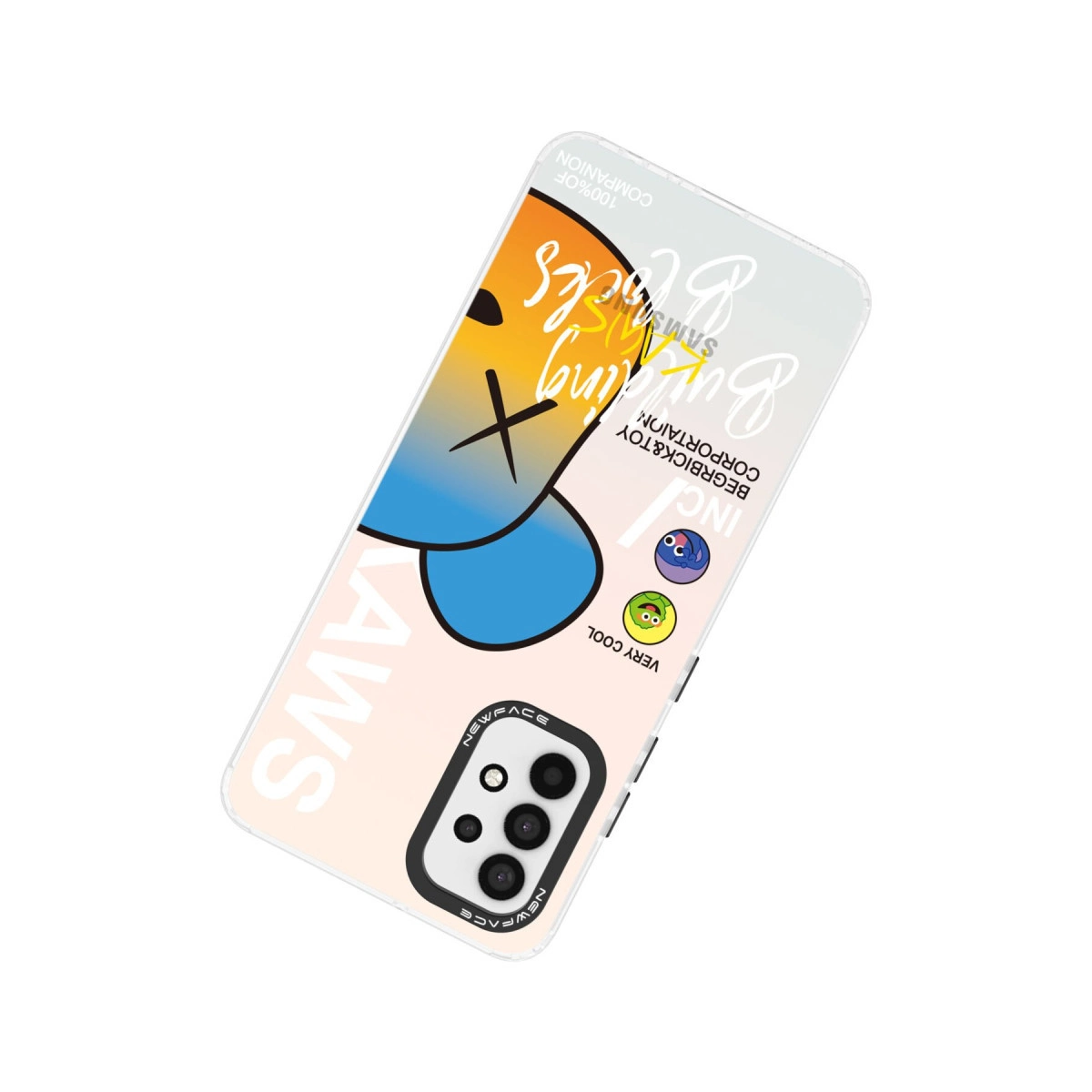 Mavi kulaklı ve üzeri çizili gözlü Kaws esintili tasarıma sahip telefon kılıfı.