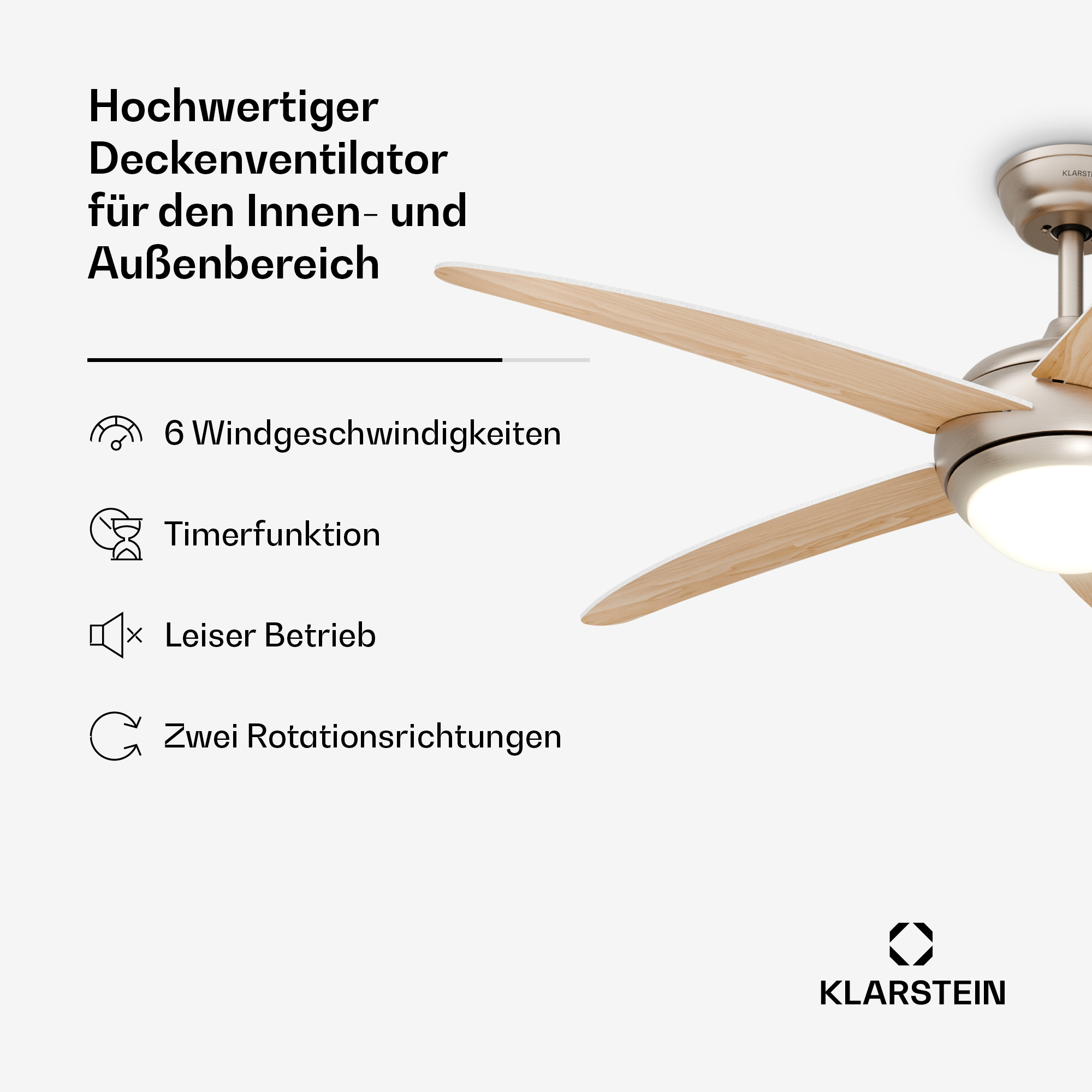 Hochwertiger Deckenventilator mit 6 Geschwindigkeiten und Timer.