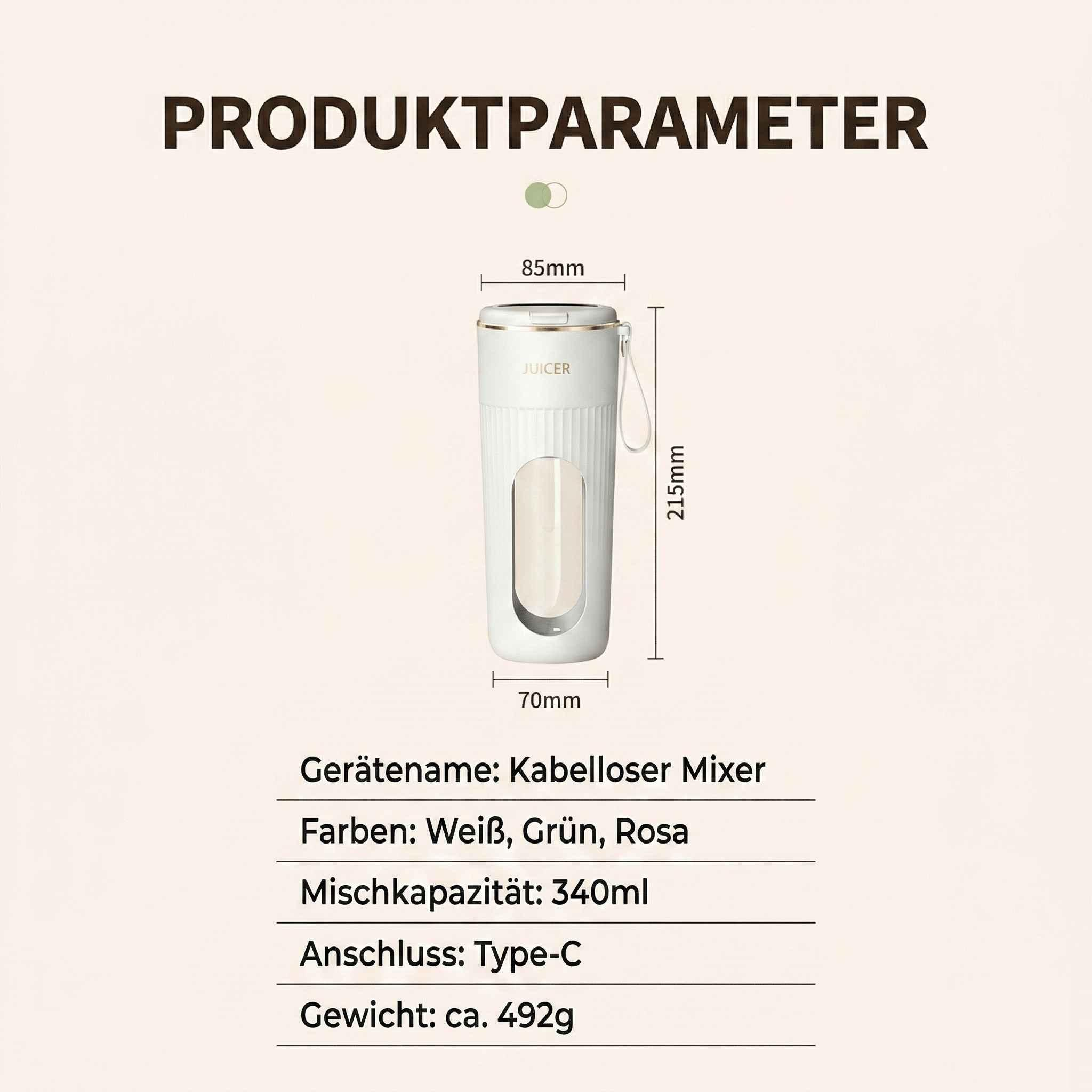Ein weißer, kabelloser Mixer mit Maßen und technischen Daten.