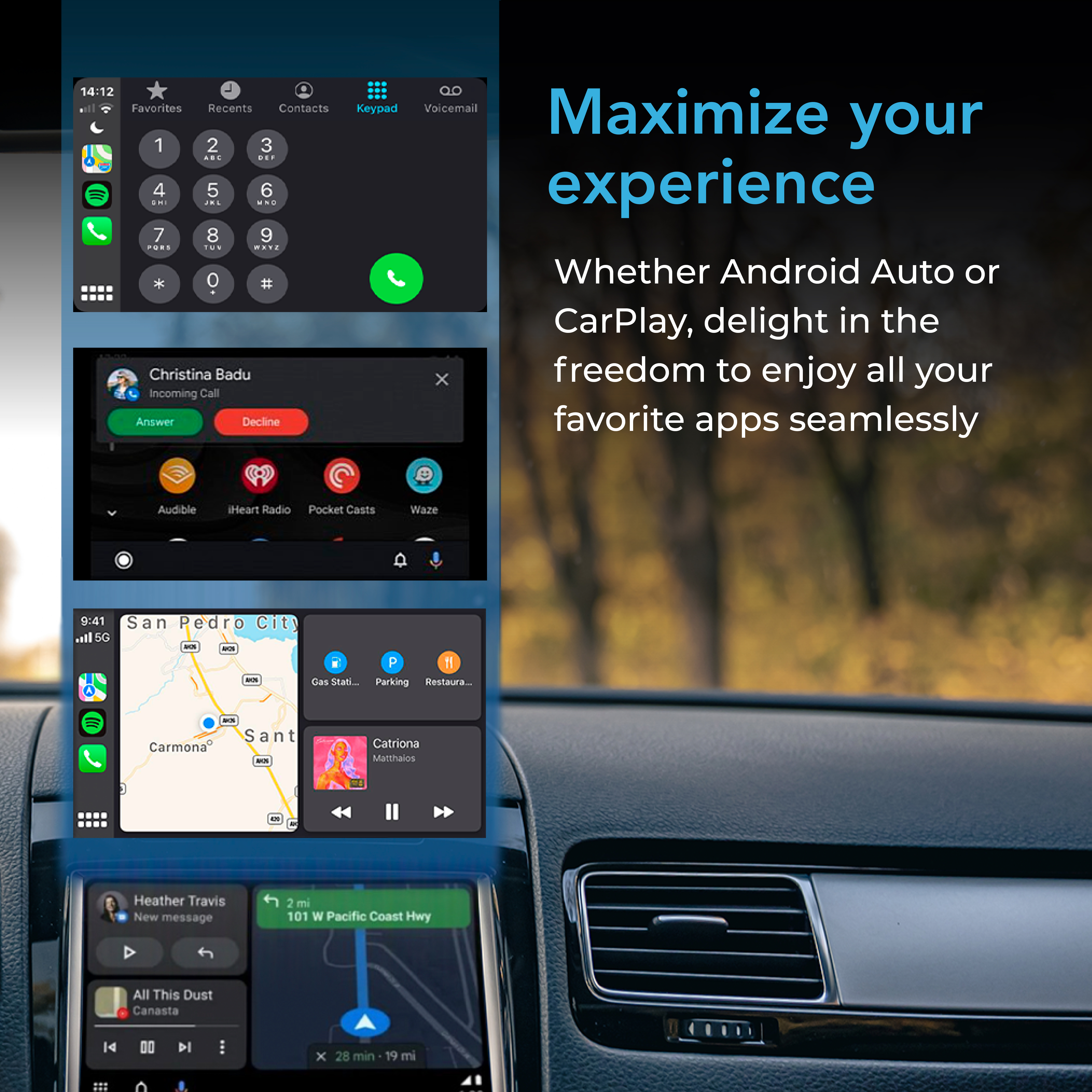 Ein Auto-Infotainmentsystem zeigt eine eingehende Anrufanzeige, eine Karte und Musik-Widgets.