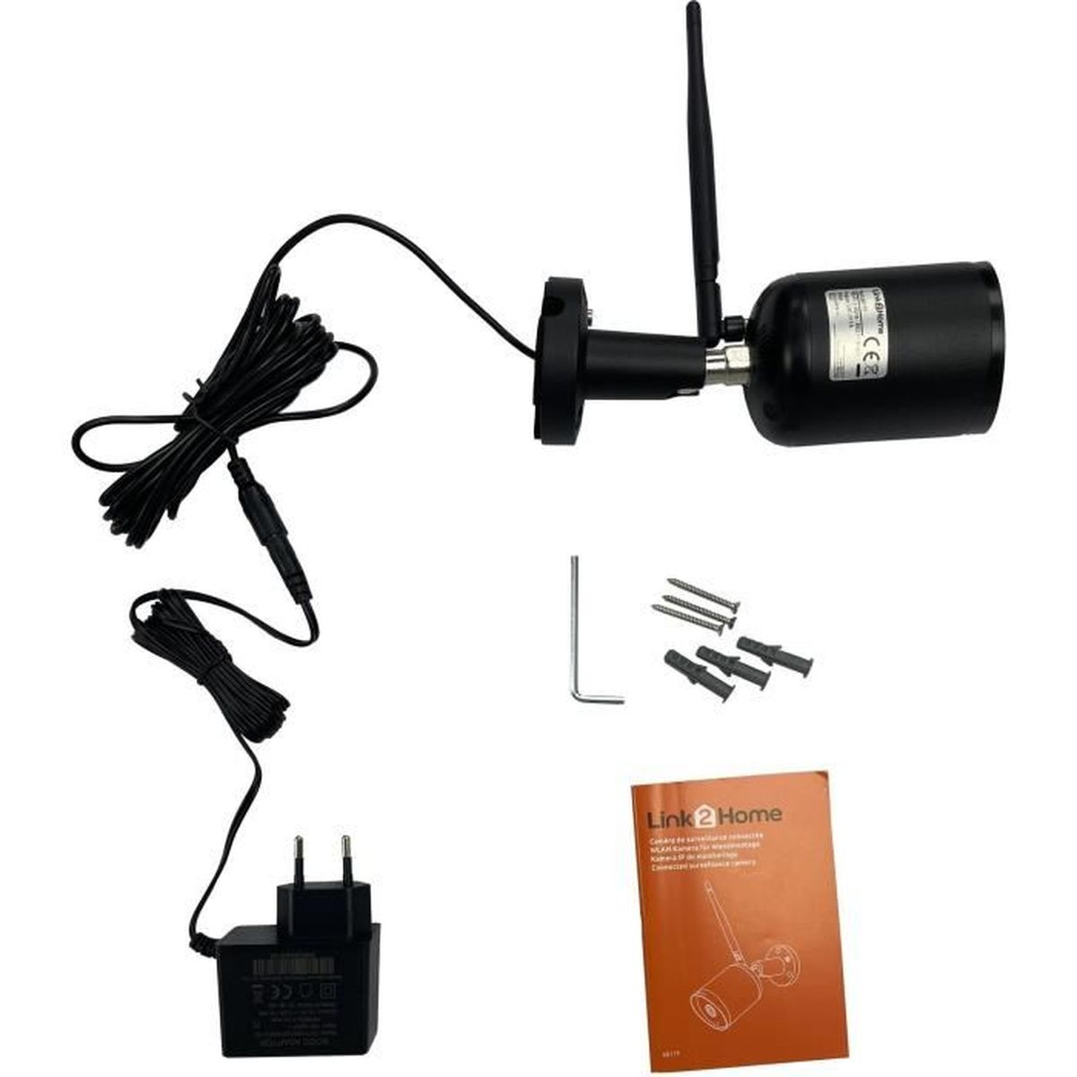 Een zwarte beveiligingscamera met antenne, stroomadapter, schroeven en handleiding.