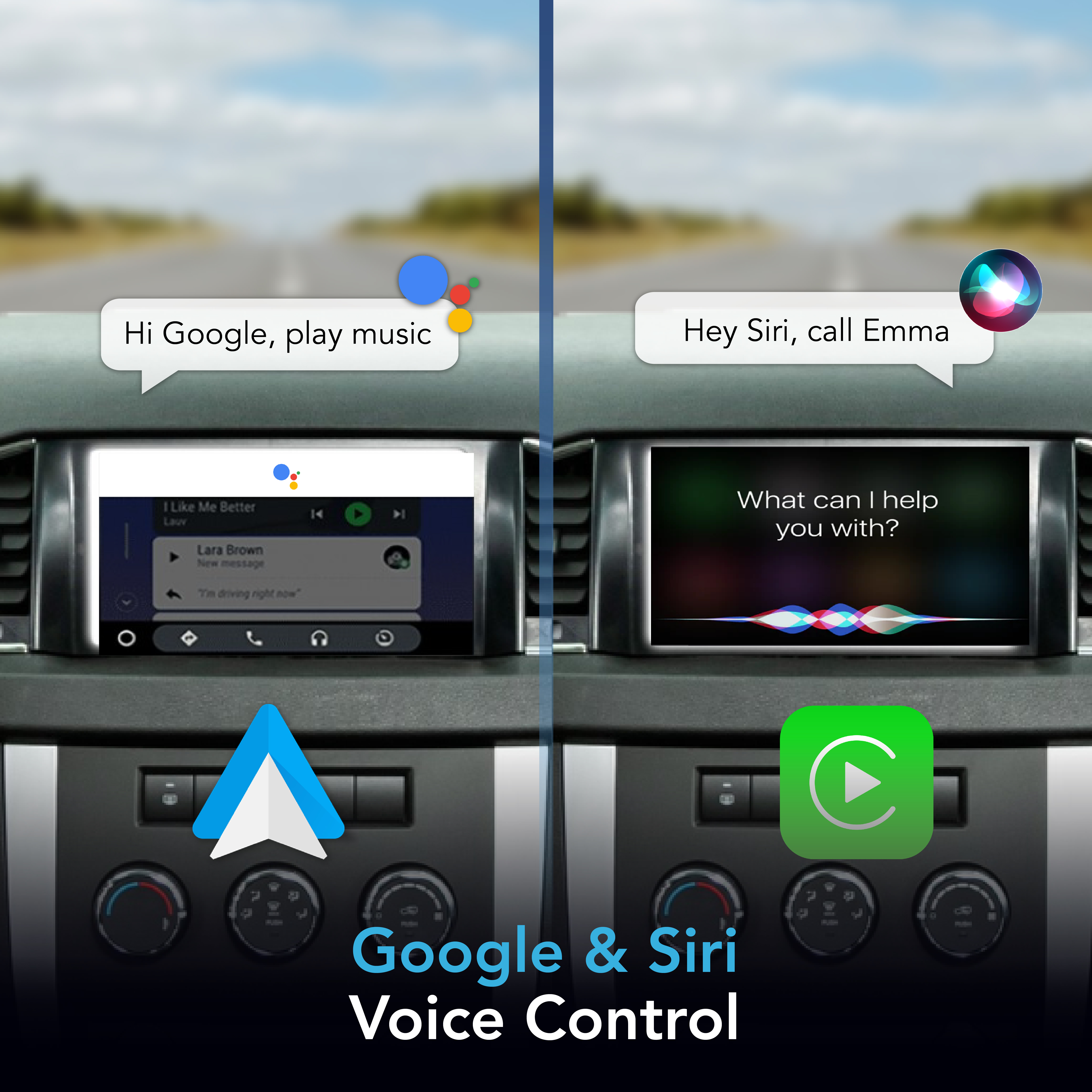 Vergleich von Google Assistant und Siri in einem Auto-Infotainmentsystem.