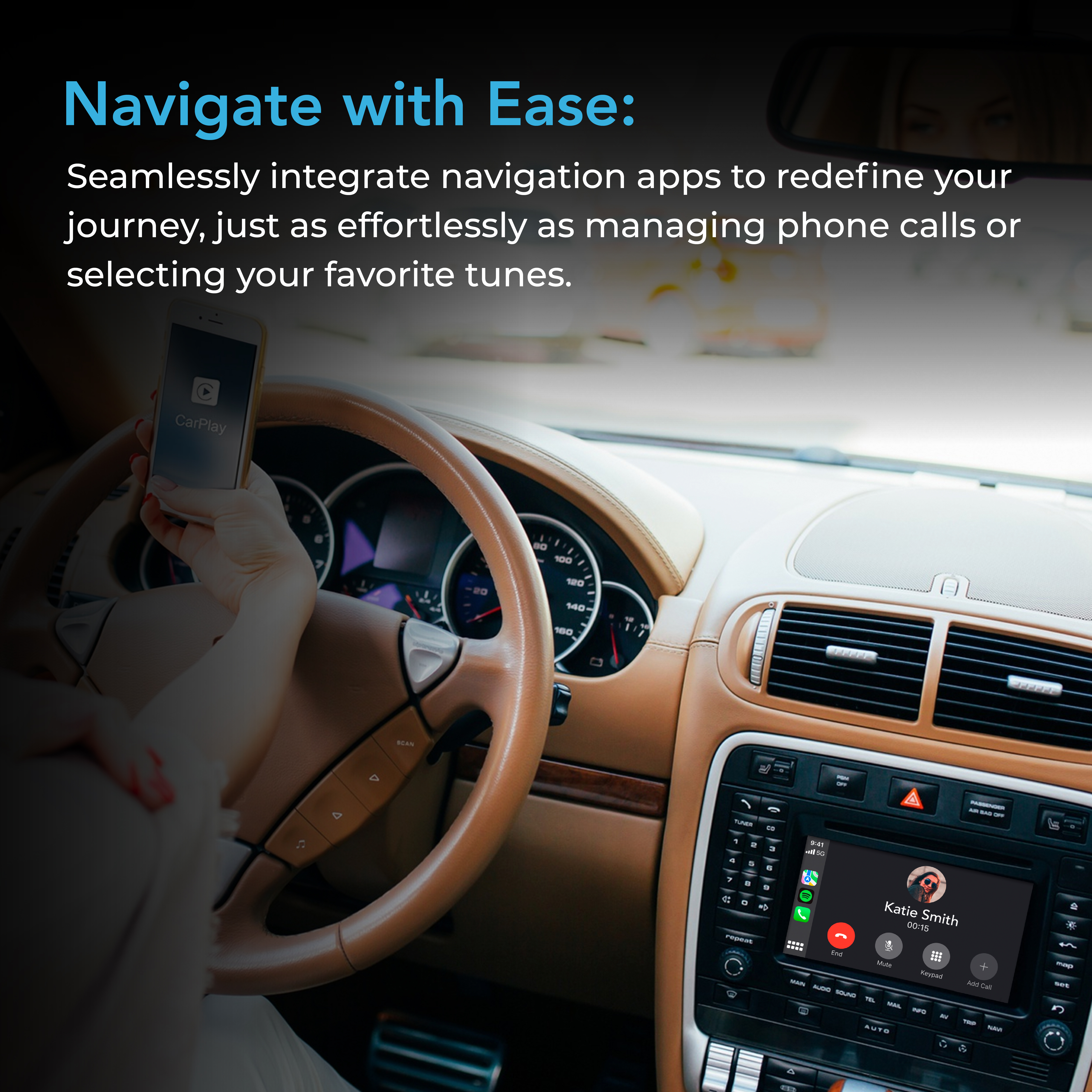 Eine Hand hält ein iPhone mit CarPlay im Auto. Navigation auf dem Bildschirm.