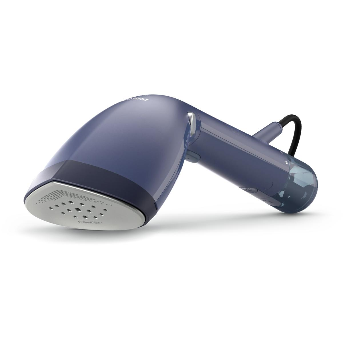 Un vaporizzatore per abiti blu portatile con cavo nero su sfondo bianco.