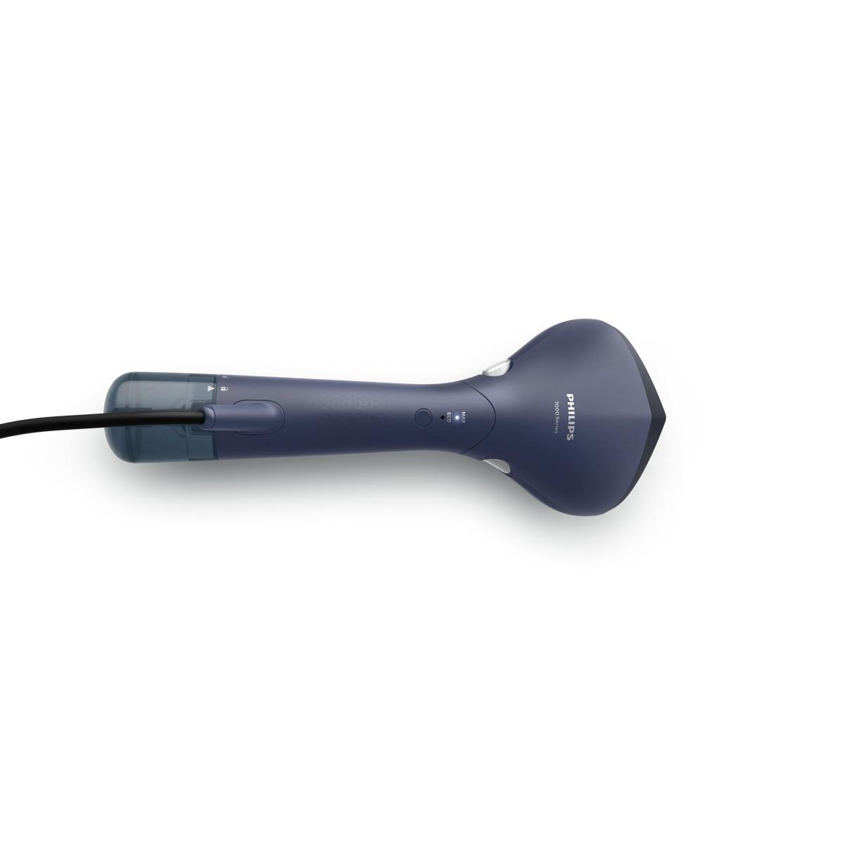 Vaporizzatore portatile Philips blu scuro con cavo nero, su sfondo bianco.