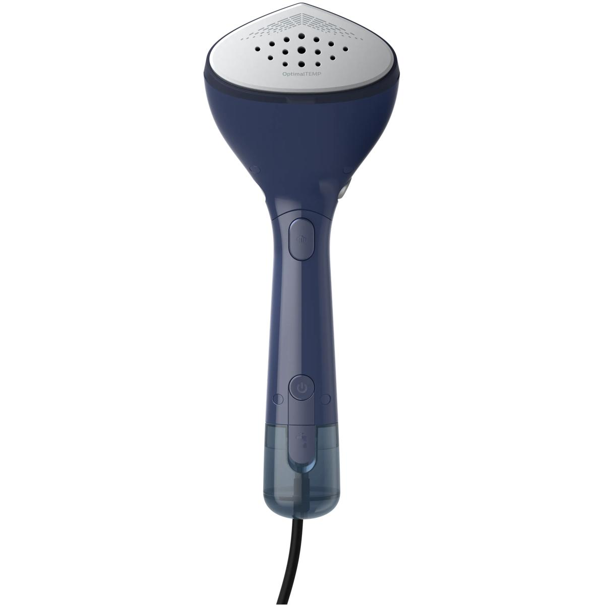 Un vaporizzatore per abiti blu scuro con piastra a vapore argentata e bocchette nere.