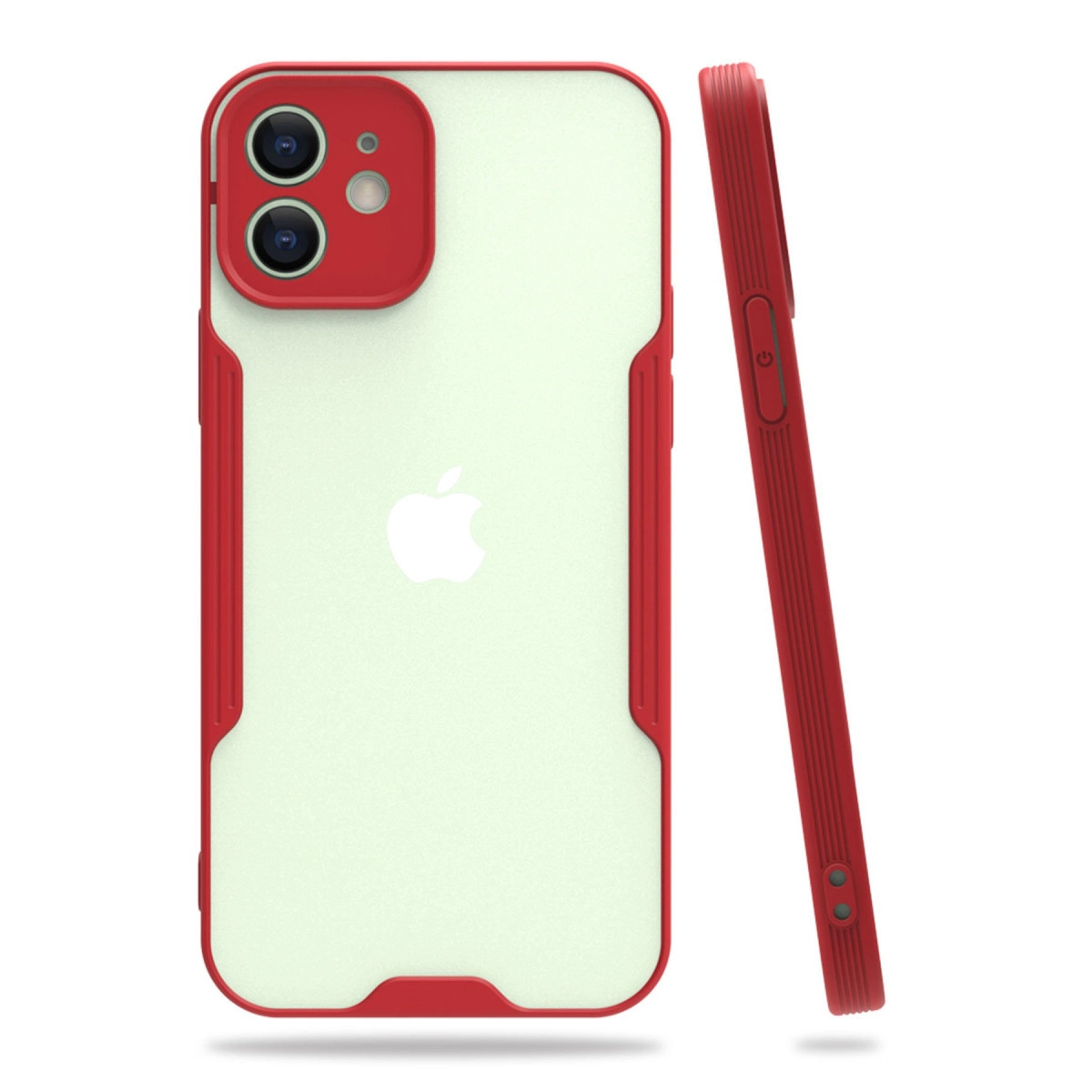 Şeffaf arka ve Apple logosuna sahip kırmızı telefon kılıfı.