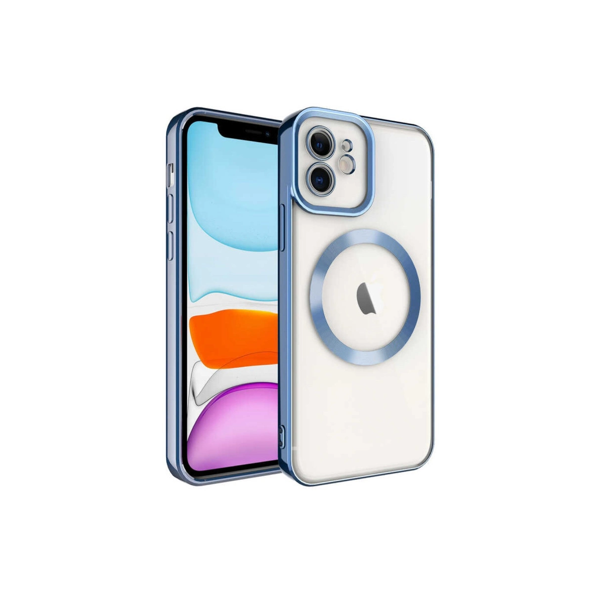 Mavi kenarlı şeffaf telefon kılıfı, bir iPhone üzerine yerleştirilmiş.