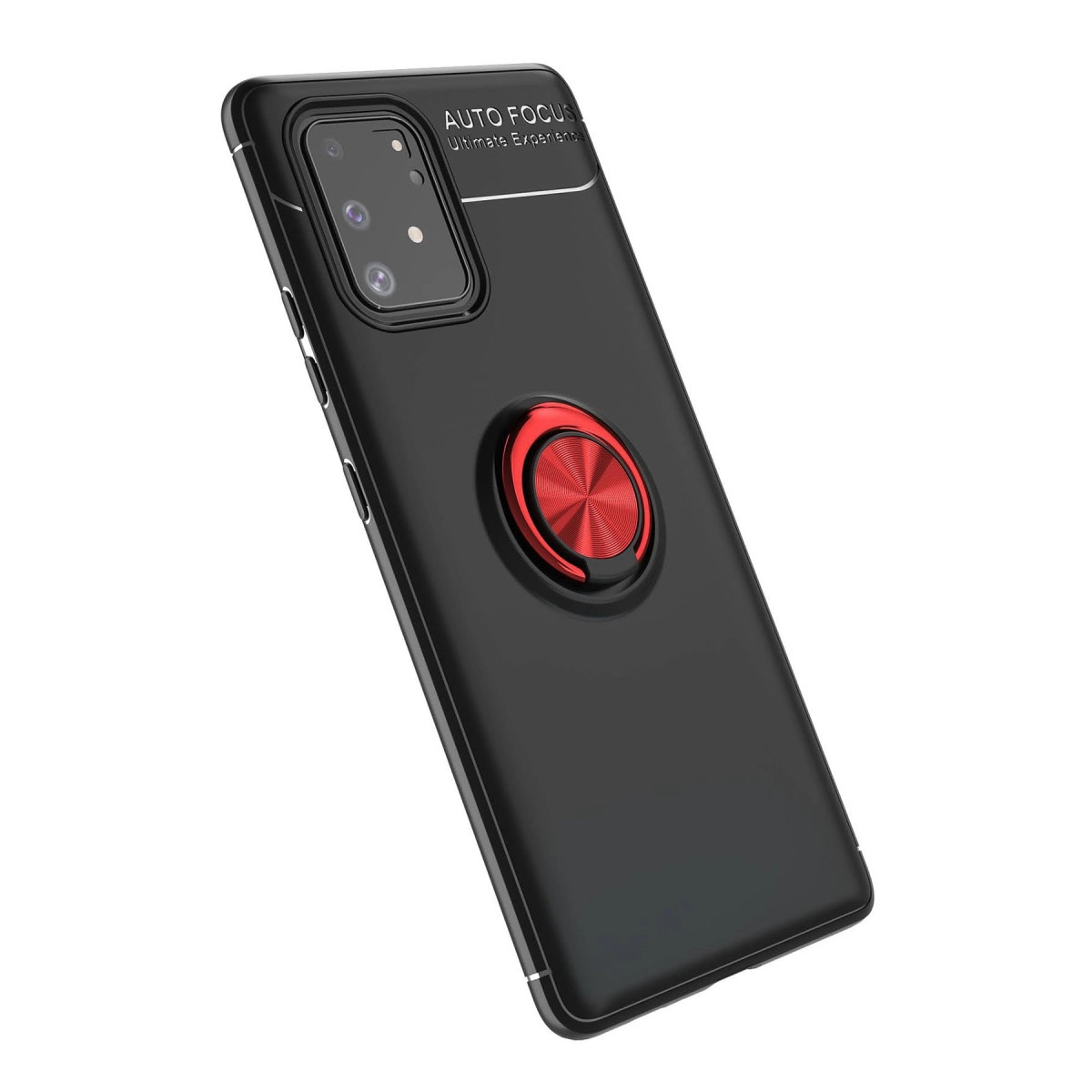 Kırmızı halka tutuculu ve kamera modüllü siyah telefon kılıfı.