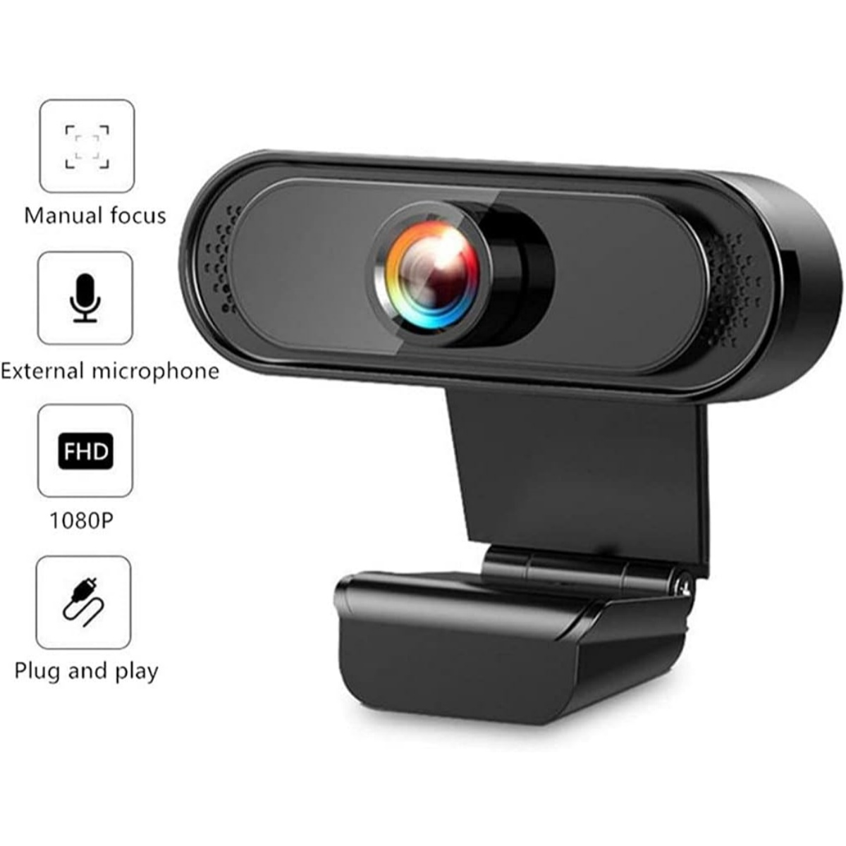 Eine schwarze Webcam mit manuellem Fokus, externem Mikrofon, FHD, 1080P, Plug-and-Play.