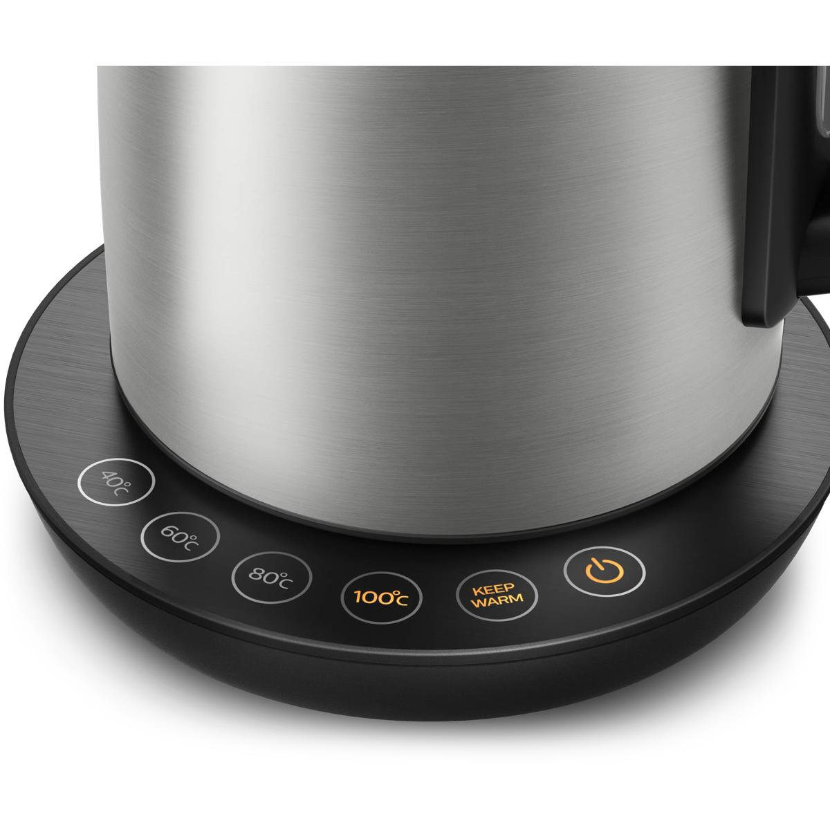Een zilveren waterkoker met temperatuurinstellingen en warmhoudfunctie.