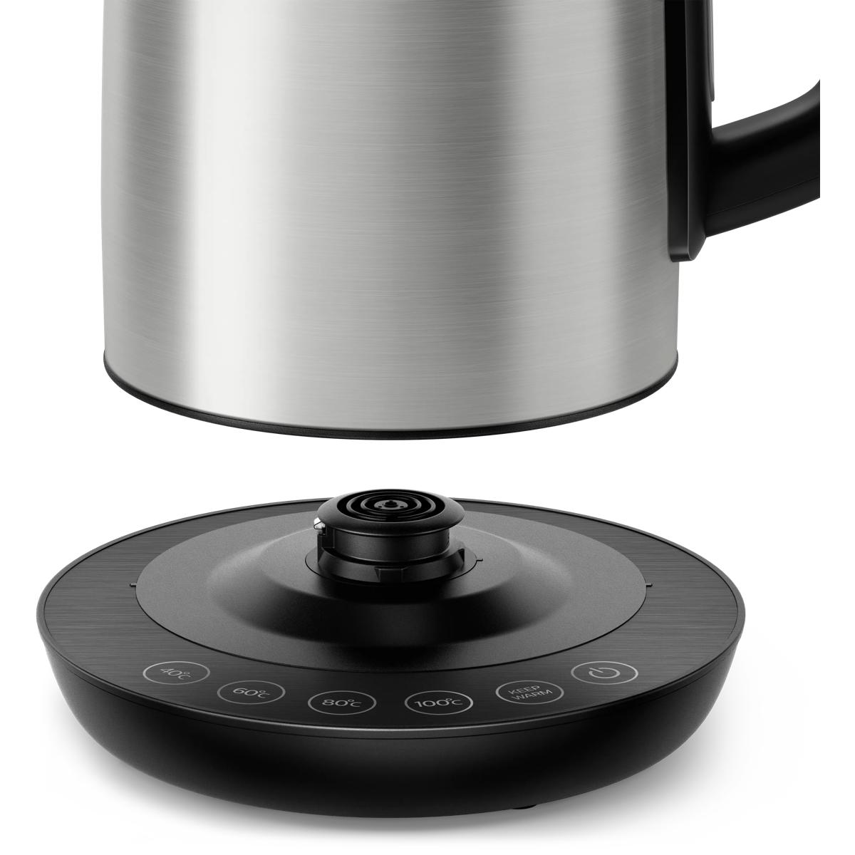 RVS waterkoker met digitale basis en temperatuurinstellingen.