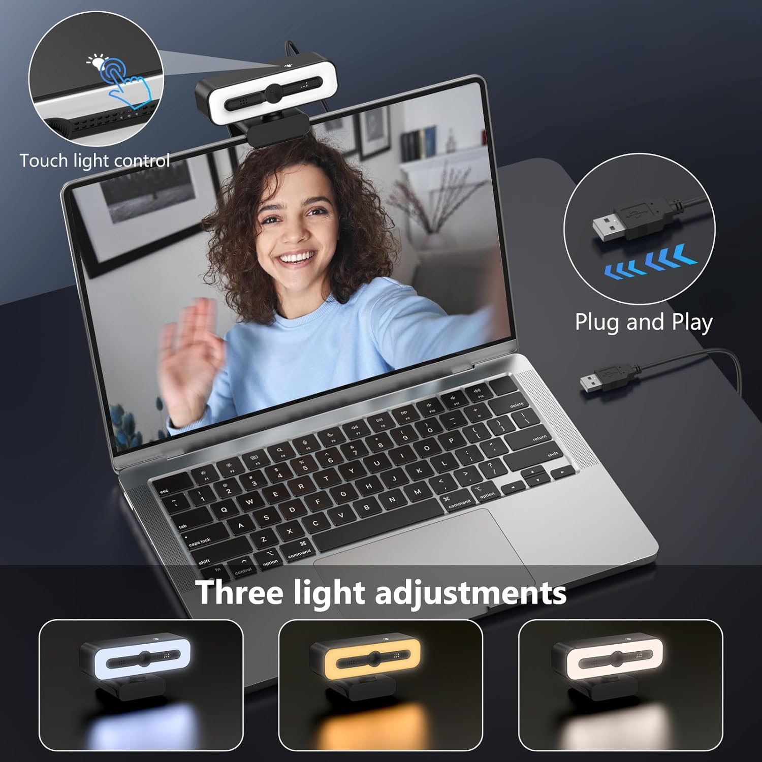 Webcam mit Touch-Lichtsteuerung und drei Helligkeitseinstellungen an einem Laptop.