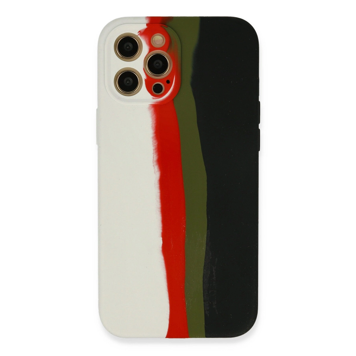 Beyaz, kırmızı ve zeytin yeşili çizgili desenli iPhone kılıfı, siyah arka yüz.
