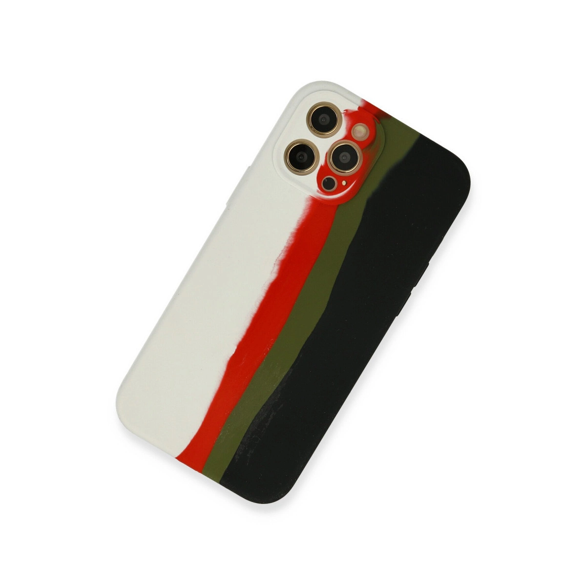 Kırmızı, yeşil ve siyah çizgili beyaz telefon kılıfının arkası.