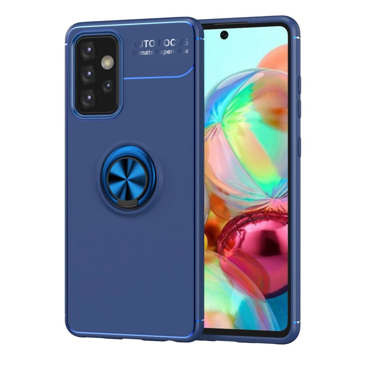 Halka tutuculu lacivert telefon kılıfı ve akıllı telefon ekranı.