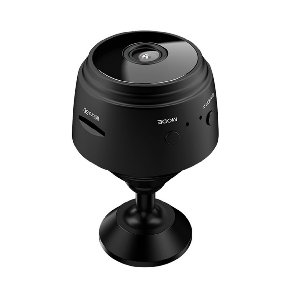 Schwarze Mini-Kamera auf Ständer mit Micro-SD-Steckplatz und Ein/Aus-Taste.