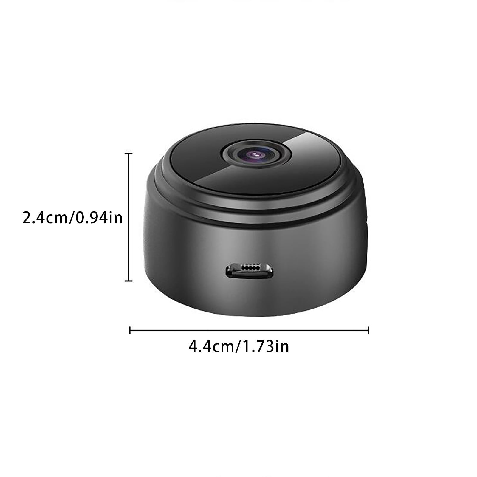 Kleine schwarze Kamera mit Linsenöffnung und USB-Anschluss. Maße angegeben.