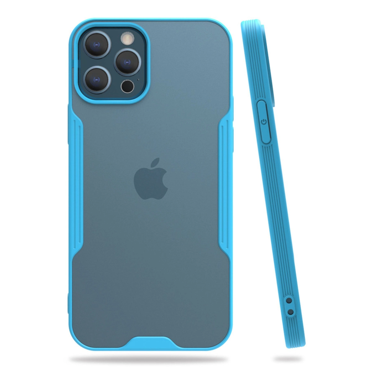 Siyah sırtlı ve Apple logolu mavi iPhone kılıfı.