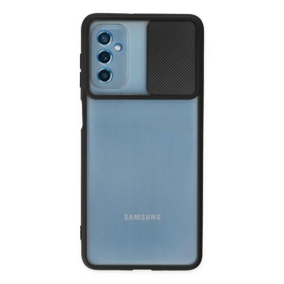Üç lensli ve kamera kapaklı mavi Samsung telefon kılıfı.