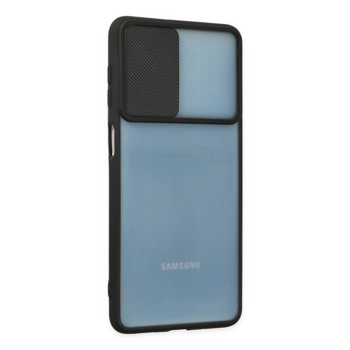 Kamera kaydırıcılı ve Samsung logolu siyah telefon kılıfı.