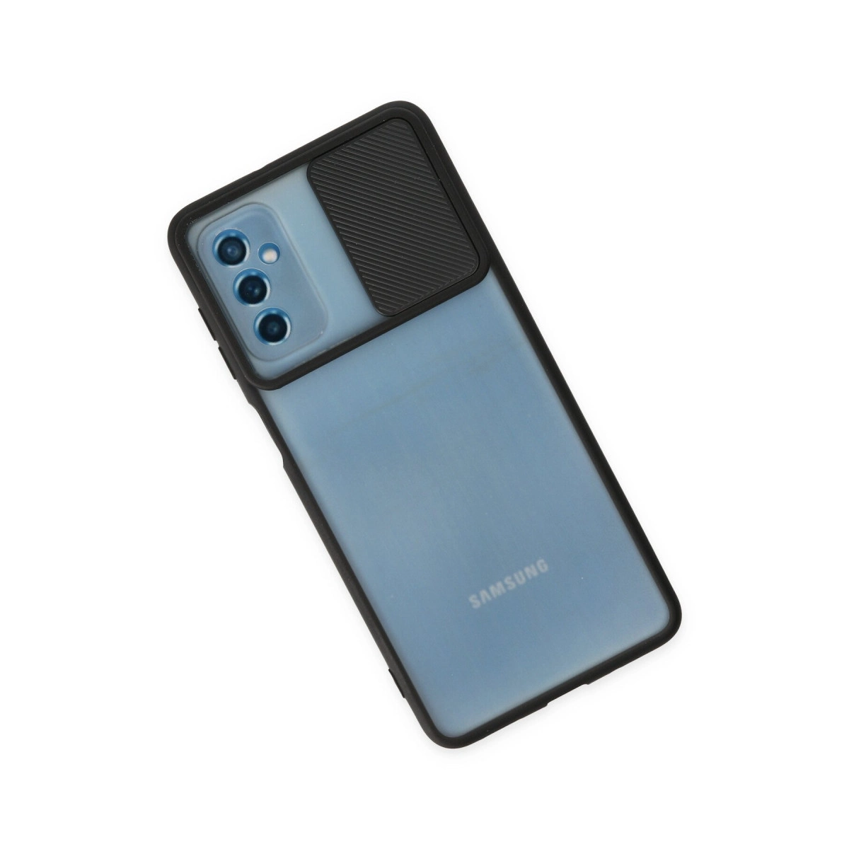 Siyah kamera çerçeveli mavi Samsung telefon kılıfı. Beyaz arka plan üzerinde.