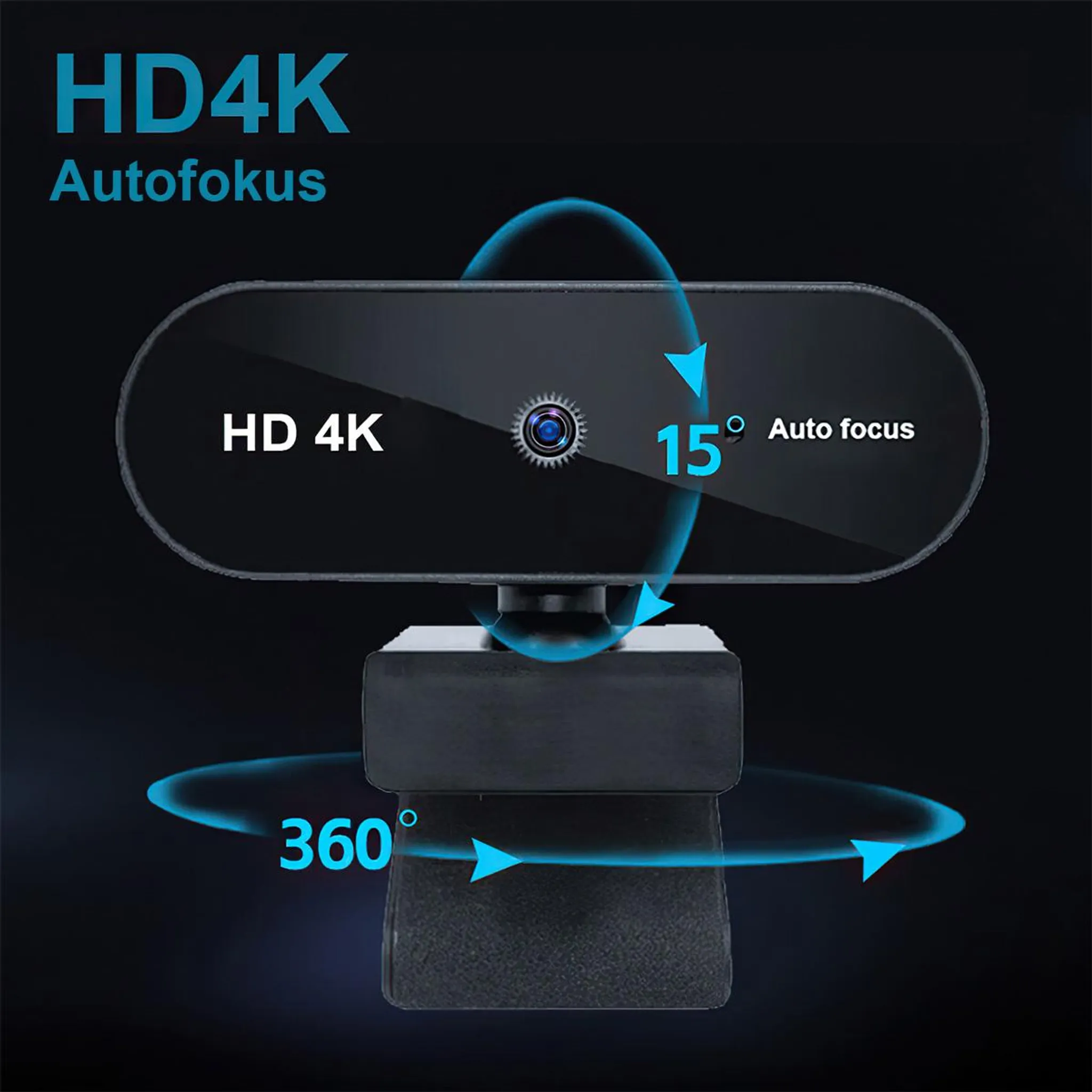 Schwarze Webcam mit HD 4K Autofokus und 360-Grad-Drehung.