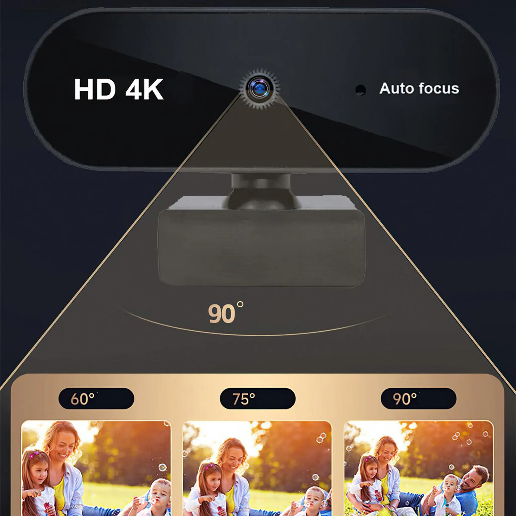 HD 4K Kamera mit Autofokus und drei Bildwinkeloptionen: 60°, 75°, 90°.