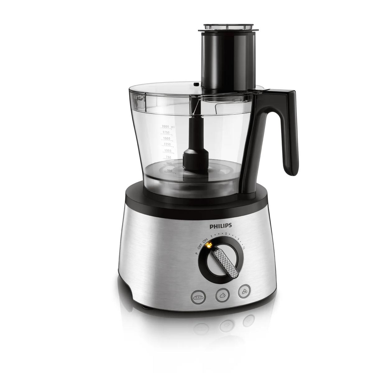 Ein silberner Philips Küchenmixer mit schwarzem Deckel und Griff. Mit Skala.