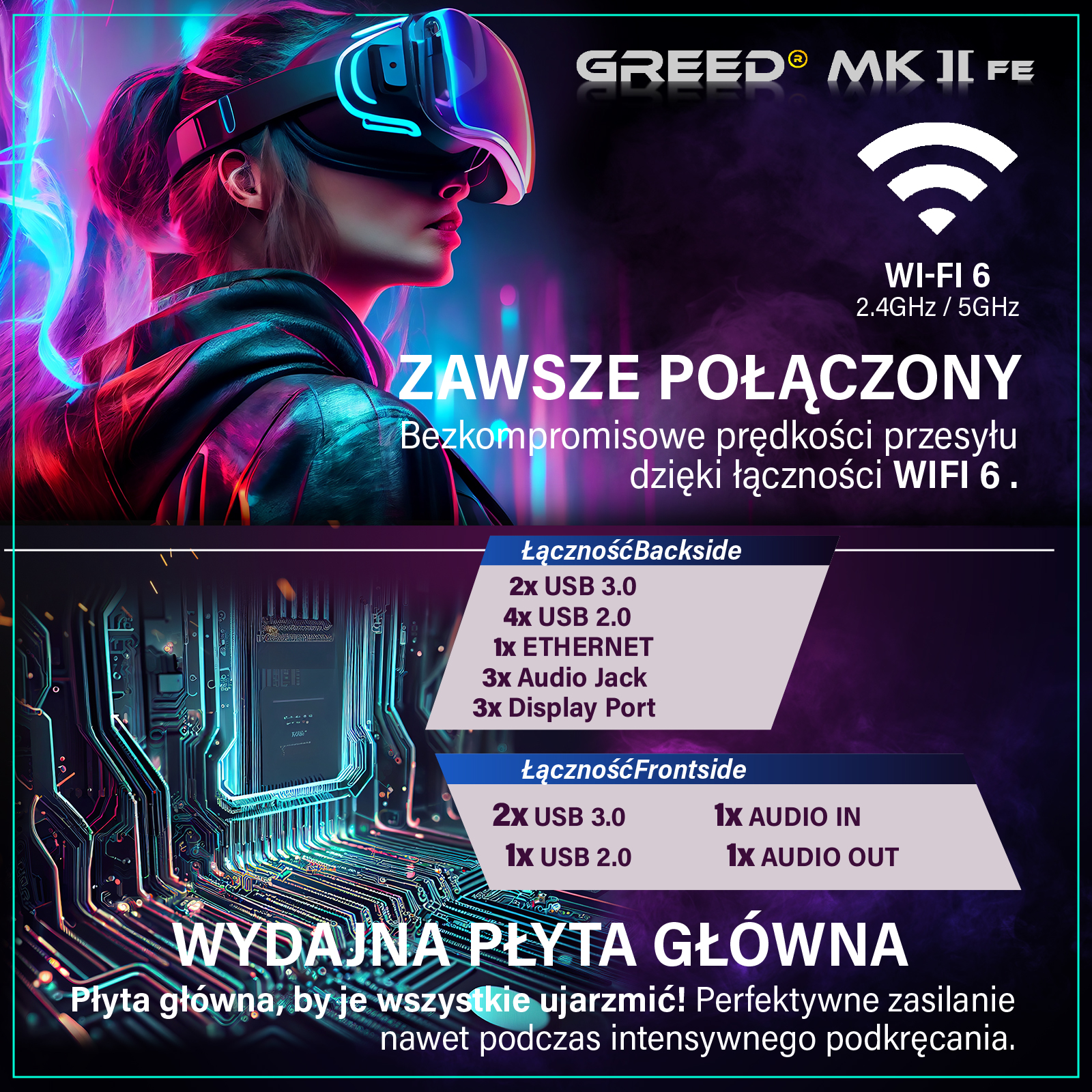 Kobieta w goglach VR obok grafiki płyty głównej. Wi-Fi 6.