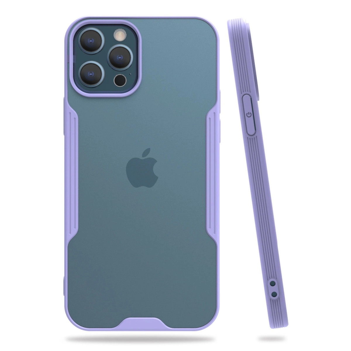 Yarı saydam arka ve Apple logosuna sahip mor iPhone kılıfı.
